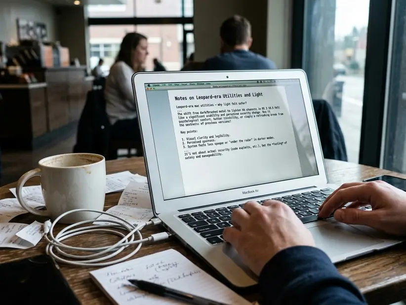 Coffee shop working environment with a laptop open to a blog draft about Leopard-era small